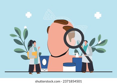 Alopecia and hair problems, baldness. Man looks sadly at strands of hair in hand. Person feel upset because of hair loss. Physician diagnosis health problem, lack of vitamins and important amino acids