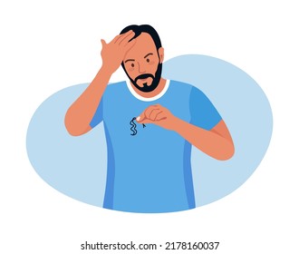 Alopecia and hair problems, baldness. Young man looks sadly at strands of hair in hand. Character feel upset because of hair loss. Lack of vitamins and important amino acids. Person in stress