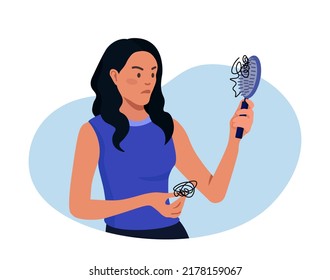 Alopecia and hair problems. Young woman looks sadly at hairbrush with strands of hair. Character feel upset because of hair loss. Lack of vitamins and important amino acids. Person in stress