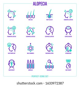 Alopecia and her types thin line icons set. Trichology, hair loss, hair follicle, mesotherapy, ampoules, hair transplant. Vector illustration.