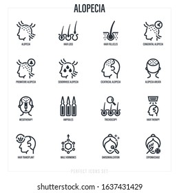 Alopecia and her types thin line icons set. Trichology, hair loss, hair follicle, mesotherapy, ampoules, hair transplant. Vector illustration.