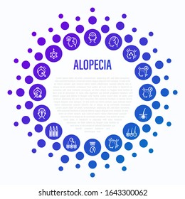 Alopecia and her types thin line icons in circle shape. Trichology, hair loss, hair follicle, mesotherapy, ampoules, hair transplant. Vector illustration.