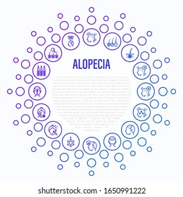 Alopecia and her types thin line icons in circle shape. Trichology, hair loss, hair follicle, mesotherapy, ampoules, hair transplant. Vector illustration.