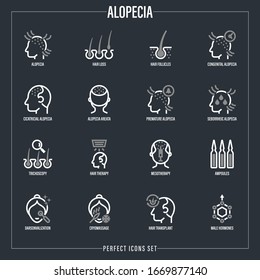 Alopecia and her types thin line icons set. Trichology, hair loss, hair follicle, mesotherapy, ampoules, hair transplant. Vector illustration.