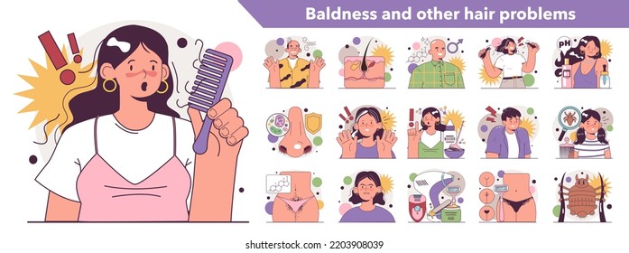 Alopecia and other hair problem. Character suffeering from receding hairline, scalp disease or unwanted hair. Hair treatment idea. Flat vector illustration