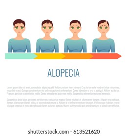Alopecia stages set. Front view portrait of a woman losing hair. Female pattern baldness. Health and beauty concept. Vector illustration. Perfect for transplantation clinics and diagnostic centers.
