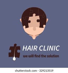 Alopecia treatment concept. Top view portrait of a man with puzzle elements. Jigsaw solution. Transplantation of hair. Isolated vector illustration.