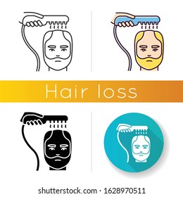 Alopecia treatment icon. Laser therapy for hair loss problem. Professional dermatology aid, medical procedure. Hair rejuvenation. Linear black and RGB color styles. Isolated vector illustrations