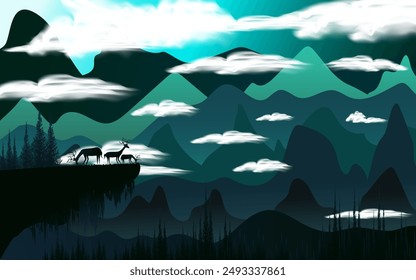 alp, alpine, animal, backdrop, background, banner, cartoon, clouds, color, countryside, cow, evening, flat, forest, graphic, hand drawn, hiking, hill, idyllic, illustration, landscape, lifestyle, ligh