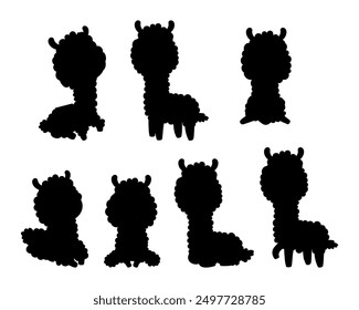 Alpaca animal. Llama. Collection silhouettes. Isolated black drawings. Vector illustration.