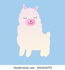 Alpaca baby isolated on soft blue background. Llama sticker in cartoon style. Vector Illustration.