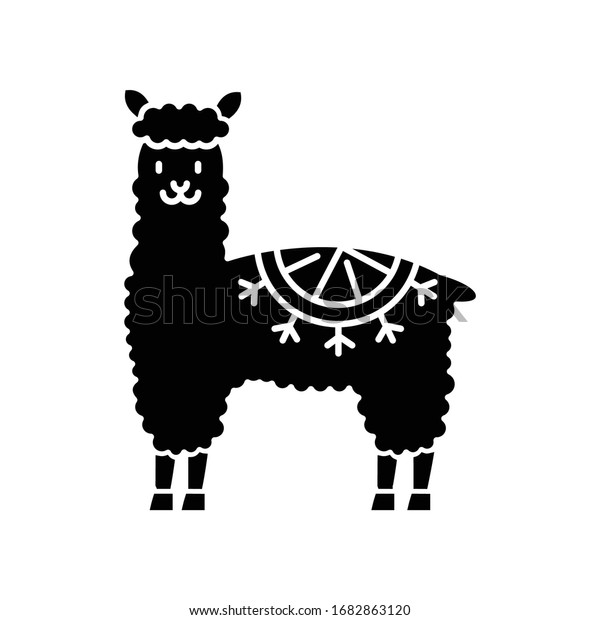 アルパカの黒い絵文字のアイコン ペルーで飼い慣らされたかわいい毛織りラマ 南米の愛らしいラクダ アンデス産の反芻動物 白い空間にシルエット記号 ベクターイラスト のベクター画像素材 ロイヤリティフリー