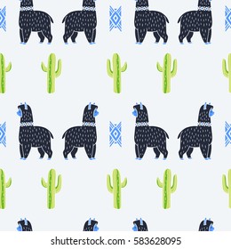 Alpaca and cactus. Vector ornamental seamless pattern. Hand drawn ethnic illustration with lama. Doodle style