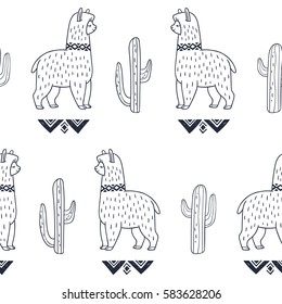 Alpaca and cactus. Vector ornamental seamless pattern. Hand drawn ethnic illustration with lama. Doodle style