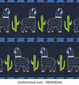 Alpaca and cactus. Vector ornamental seamless pattern. Hand drawn ethnic illustration with lama. Doodle style