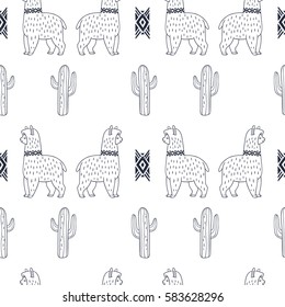 Alpaca and cactus. Vector ornamental seamless pattern. Hand drawn ethnic illustration with lama. Doodle style