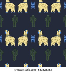 Alpaca and cactus. Vector ornamental seamless pattern. Hand drawn ethnic illustration with lama. Doodle style