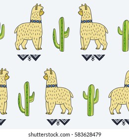 Alpaca and cactus. Vector ornamental seamless pattern. Hand drawn ethnic illustration with lama. Doodle style
