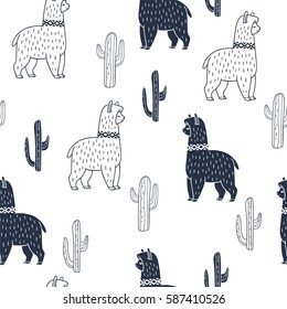 Alpaca and cactus. Vector ornamental seamless pattern. Hand drawn ethnic illustration with lama. Doodle style