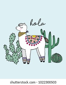 Vector/ilustración de alpaca y cactus