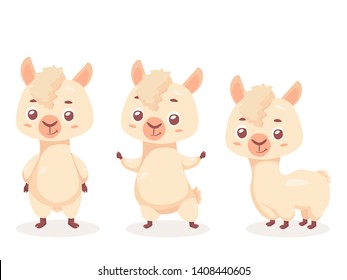 Alpaca cartoon character vector illustration SET. Cute and funny Mascot.