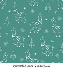 alpaca christmas on background with fir trees