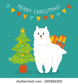 Alpaca and Christmas tree, greeting card. Funny flat cartoon white character with boxes gifts. Cute smiling animal. Llama winter illustration, poster Merry christmas vector