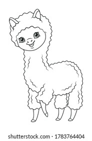 Сute alpaca coloring page. Black and white cartoon illustration