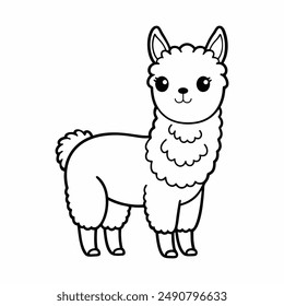 Сute alpaca for coloring page for kids education. Black and white line illustration
