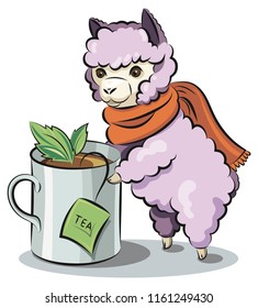 Alpaca with a cup of tea. Vector drawing, cute animal.