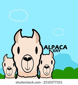 Banner do evento Alpaca Day. Três alpacas bonitas com um fundo de montanha para comemorar em 26 de setembro