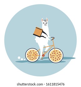 
Alpaca delivers pizza on a bicycle on an isolated background