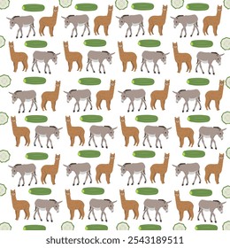 alpaca, donkey with fruit as a pattern background