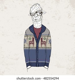 alpaca dressed up in jacquard pullover, anthropomorphic illustration, fashion animals