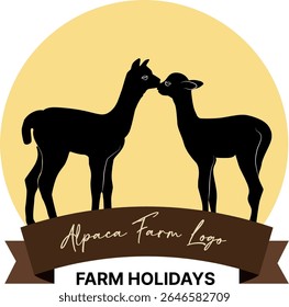 Alpaca Farm Logo Design – Cute Animal Silhouette Emblem with Ribbon and Sun Background. Vector logo featuring two alpacas in black silhouette, standing against a yellow sun with a brown ribbon banner
