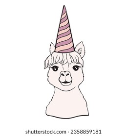 Alpaca in a festive conical hat. Cute feminine llama or vicuna. Icon for birthday, holiday or event.