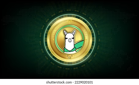 Alpaca Finance Coin golden token cryptocurrency. Currency on block chain stock market digital. Crypto currencies on green background vector EPS10.