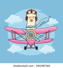 Alpaca Flying with Aeroplane Cartoon Illustrations