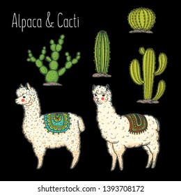 Alpaca Hand drawn vector illustration. Cute llamas and cactus.  
