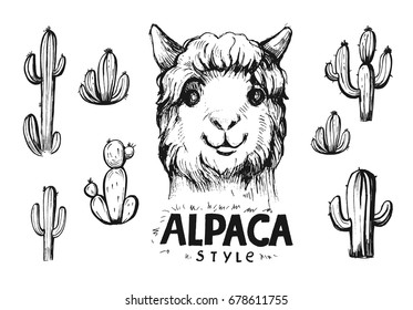 Alpaca head with set of cacti. Hand drawn vector illustration