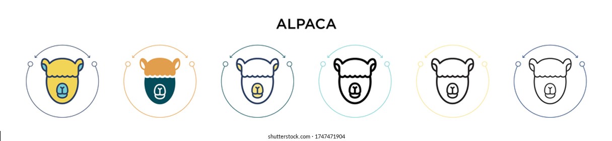 Alpaca icon in filled, thin line, outline and stroke style. Vector illustration of two colored and black alpaca vector icons designs can be used for mobile, ui, web