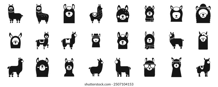 Alpaca icons set. Big set of funny llama wearing different clothes and accessories icons set simple style