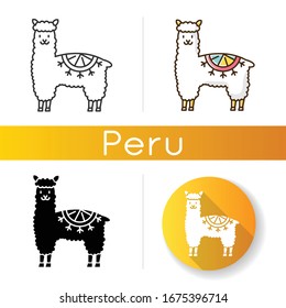 Iconos de la Alpaca. Llama tejedora peruana domesticada. Camelid adorable sudamericano. Animales rumiantes de los Andes. Estilos de color ILinear, negro y RGB. Ilustraciones vectoriales aisladas