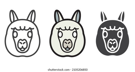 Alpaca icons and silhouette. Scalable symbol. Thin outline in black. Vector illustration for use in web, mobile apps, print media and logo.
