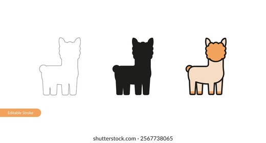 Alpaca Illustration in Three Styles: Editable Stroke Outline, Silhouette, and Clipart