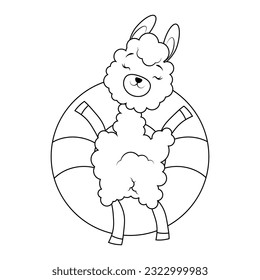 Alpaca in an inflatable circle hand-drawn in black lines outlines