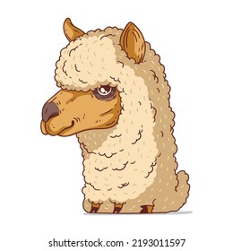 An Alpaca, Isolated Vector Illustration. Funny Cartoon Picture Of A Calm Soft Llama Sitting. A Drawn Alpaca Sticker. Simple Drawing Of A Cute Llama On White Background. A Wild Animal