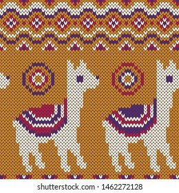 Alpaca jacquard knitted seamless pattern. Abstract background  with cute animals. Vector illustration.