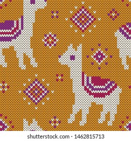 Alpaca jacquard knitted seamless pattern. Abstract background with cute llama animals. Vector illustration.