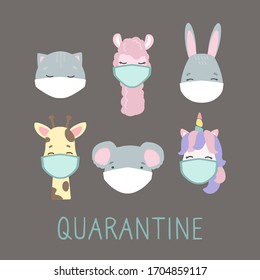 alpaca, koala, cat, bunny, giraffe, unicorn in the period of quarantine COVID-19 in medical masks. Masked animals during coronavirus, vector illustration